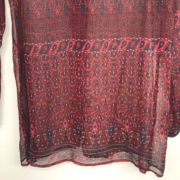 Converse One Star Burgundy Paisley Print Semi Sheer Button Up Tunic Blouse - Picture 8 of 16